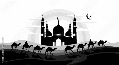 black and white vector illustration of a mosque in sunset
