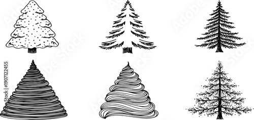 Hand Drawn Black and White Christmas Tree Sketch Set Featuring Various Pine and Fir Tree Silhouettes for Rustic Winter Branding, Minimalist Cards, and Seasonal Decorations