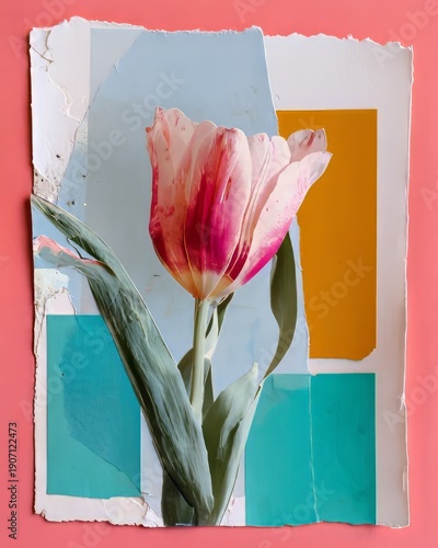 Pink Tulip Flower Collage with Geometric Color Blocks and Torn Paper Border. AI generative