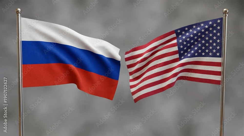 Obraz premium Waving Russian Federation and United States of America national flags displayed side-by-side on silver poles symbolizing international relations and diplomacy.