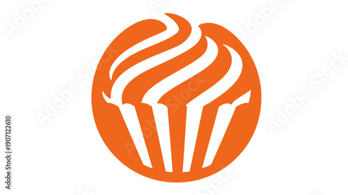 Orange and white stylized illustration, oval background, with a cupcake design, showing frosted swirls