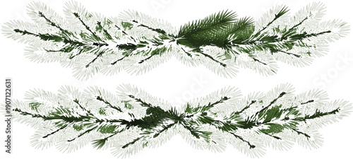 Green Pine Branch Garlands with Realistic Needle Texture for Christmas Decorations, Winter Holiday Borders, Seasonal Greeting Card Backgrounds, and Rustic Nature Vector Designs