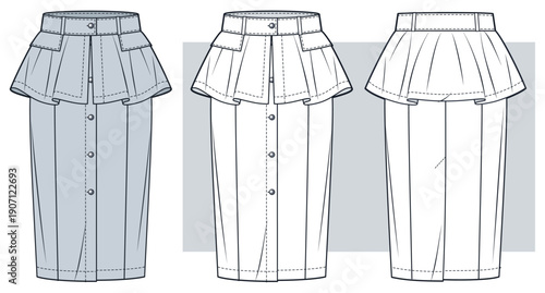 Women Peplum Pencil Skirt Technical Flat Sketch. Button Front Knee Length Skirt fashion flat technical drawing template, fitted, front and back view, white, grey color, women CAD mockup.