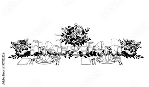 Elegant Romantic Wedding Table Setup with Floral Centerpiece and Candlelight Vector Illustration