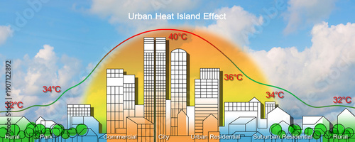 URBAN HEAT ISLAND CONCEPT - URBAN FORESTS AND CLIMATE CHANGE, TREES WITHIN A DENSELY POPULATED AREA, URBAN GREEN SPACES WITH TREES AND HOUSING IMPROVING CITY CLIMATE AND AIR QUALITY
