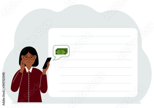 A woman holds a phone to which a message about money has arrived. The concept of online earnings, income generation.