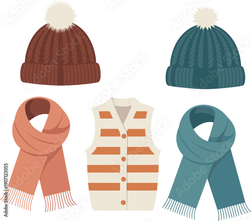 Set of cozy winter clothing icons featuring knit pompom beanies warm wool scarves and a stylish striped vest isolated on white background for seasonal fashion