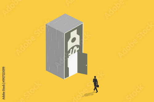 Businessman walking to large building shaped like a stack of dollar bills with an open door. Concept of banking, financial security, investment opportunities, money storage, and wealth management