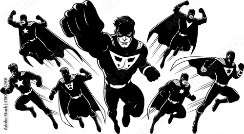 vector silhouettes of superheroes flying to achieve justice 