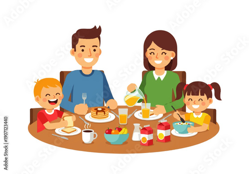 A cheerful family of four enjoying a meal together in a flat design illustration vector, with a variety of food and drinks on the table against a clean white background.