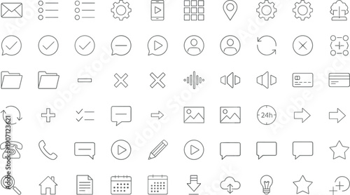 User interface outline icons set line art vector illustrating communication media controls navigation settings symbols collection