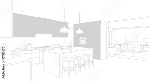 Architectural line drawing sketch illustrates a modern open concept kitchen area seamlessly flowing into an adjacent contemporary living room space with clean design.