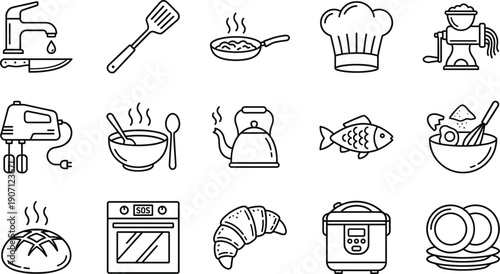 Linear vector icon set for kitchen and cooking featuring chef hat utensils baking ingredients faucet oven croissant fish soup kettle and food preparation