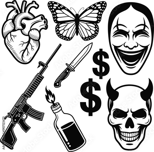 Black and white graphic illustration with heart butterfly mask weapons skull devil horns dollar signs Molotov cocktail symbolic concept art