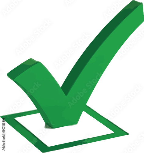 Vibrant three dimensional green check mark symbol confirming completion or selection resting inside a clearly defined square box outline on a clean white surface with soft shadows.