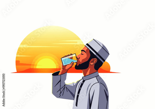 Flat design illustration vector of a man in a hat drinking from a glass against a vibrant sunset background with warm colors.