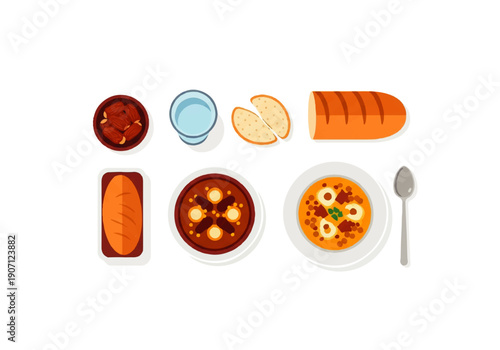 Flat design illustration vector of various food items including soup, bread, and condiments on a clean white background.