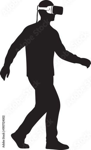 Person walking carefully wearing virtual reality headset immersive simulation silhouette illustration technology concept design