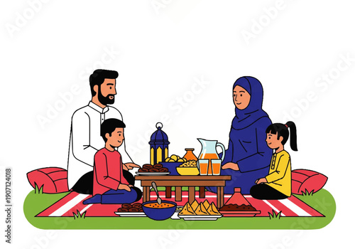 Flat design illustration vector of a family having a picnic on a colorful blanket in a park with traditional food and drinks.