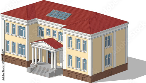 Isometric 3D architectural rendering of a classic two story school building with red hip roof skylights white columns and yellow facade on white background