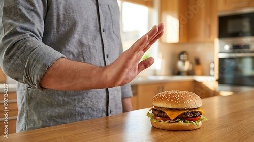 Man Rejecting Burger in Modern Kitchen.