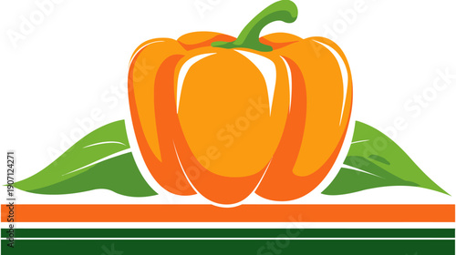 A stylized orange bell pepper with green stem and leaves, resting above two horizontal bands