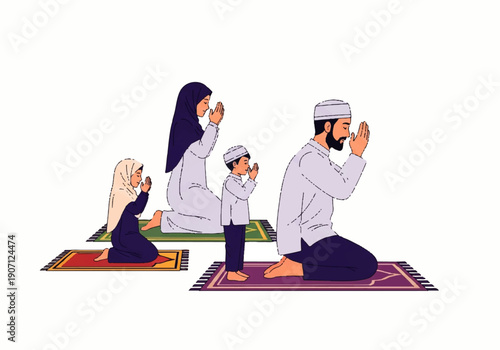 Flat design illustration of a Muslim family in prayer, Vector graphic of a father, mother, and two children kneeling on colorful prayer mats with hands raised in a serene, minimalist