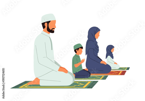 Flat design illustration vector of a Muslim family praying together on colorful mats in a serene and peaceful atmosphere.