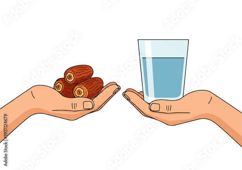 Flat design illustration vector of two hands holding a glass of water and dates on a white background.