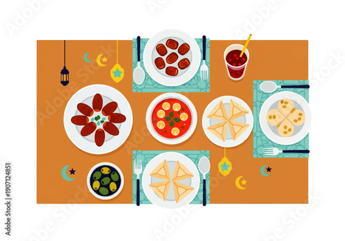 Flat design illustration vector of a vibrant food spread on plates with colorful dishes and glasses on a warm orange table setting.