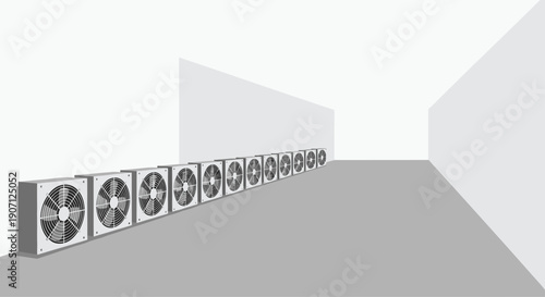 A long, receding row of identical outdoor air conditioning or ventilation units extends down a plain, empty room or corridor.