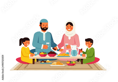 Flat design illustration vector of a Muslim family sharing a meal together on a rug with traditional food and drinks.
