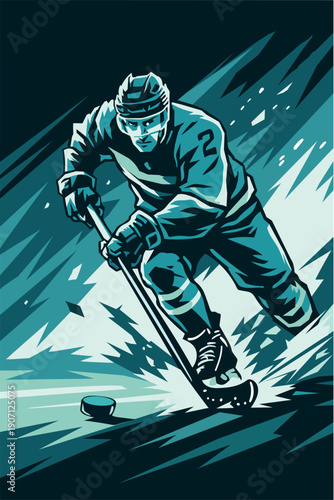 Ice hockey player skating with stick and puck. Stylized vector illustration in teal tones, dynamic action pose with ice spray and speed lines, winter sport and competition theme.