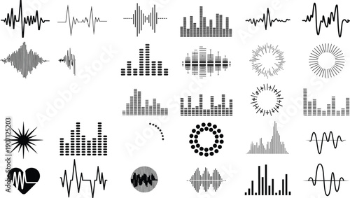 Hand-drawn audio visualization icons, sound wave patterns, equalizer bars, circular waveforms, radial designs, heartbeat signals, abstract music illustration concept