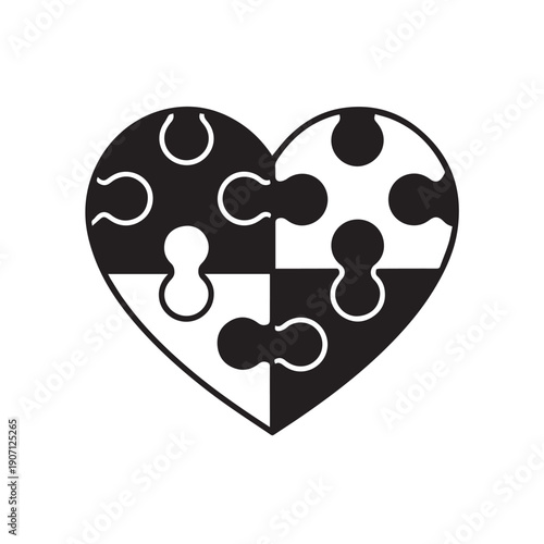 Heart shape puzzle pieces black and white illustration love connection compatibility unity teamwork relationship problem solving challenge