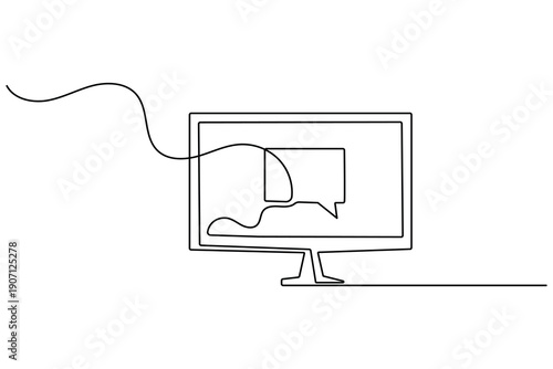 Desktop monitor with speech bubbles continuous one line art style online communication