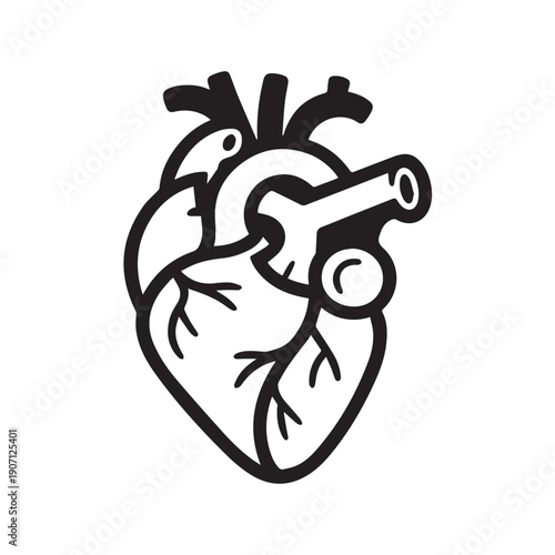 Human heart anatomical drawing in black and white line art depicting internal organ circulation and health vector graphic