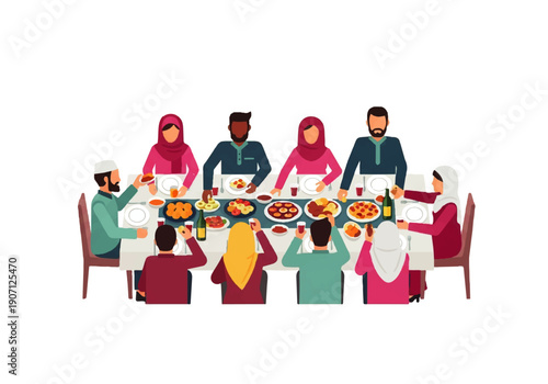 Flat design illustration vector of a diverse group of people sitting around a table with food and drinks in a modern dining setting.