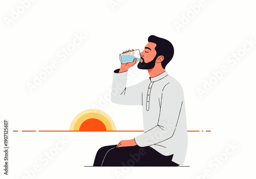 Flat design illustration of a man sitting and drinking from a glass in a vector style with a simple background.