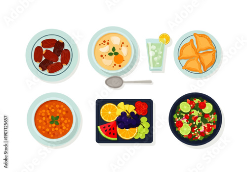 Flat design illustration vector of various dishes and a refreshing drink on plates and bowl against a clean white background.