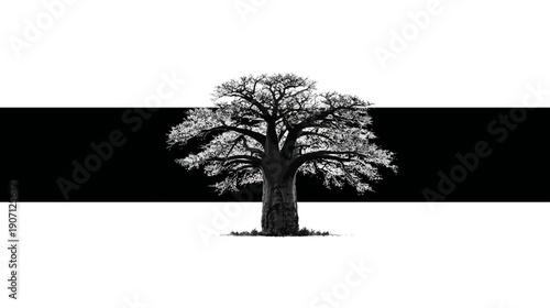A stylized tree with branches and leaves is centered over white, black, and white blocks
