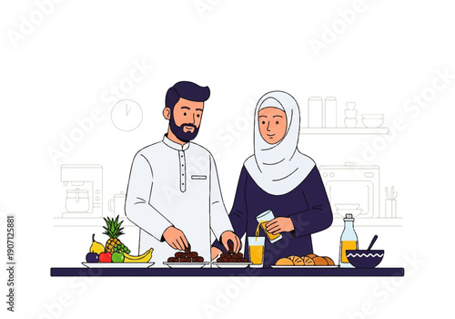 Flat design illustration of a man and woman in a kitchen preparing food and drinks with a vector style and modern composition.