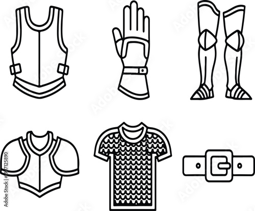 A collection of medieval armor pieces and clothing on a white background
