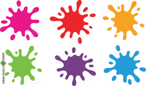 Colorful paint splashes set, abstract liquid ink blot shapes, vibrant splatter elements isolated on white background for creative design projects