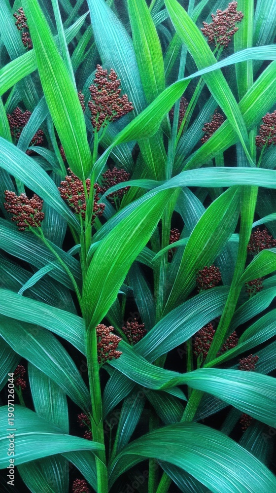 Obraz premium Sorghum plants grow tall with purple heads of grain in a large green field under clear skies and bright light showcasing farmland