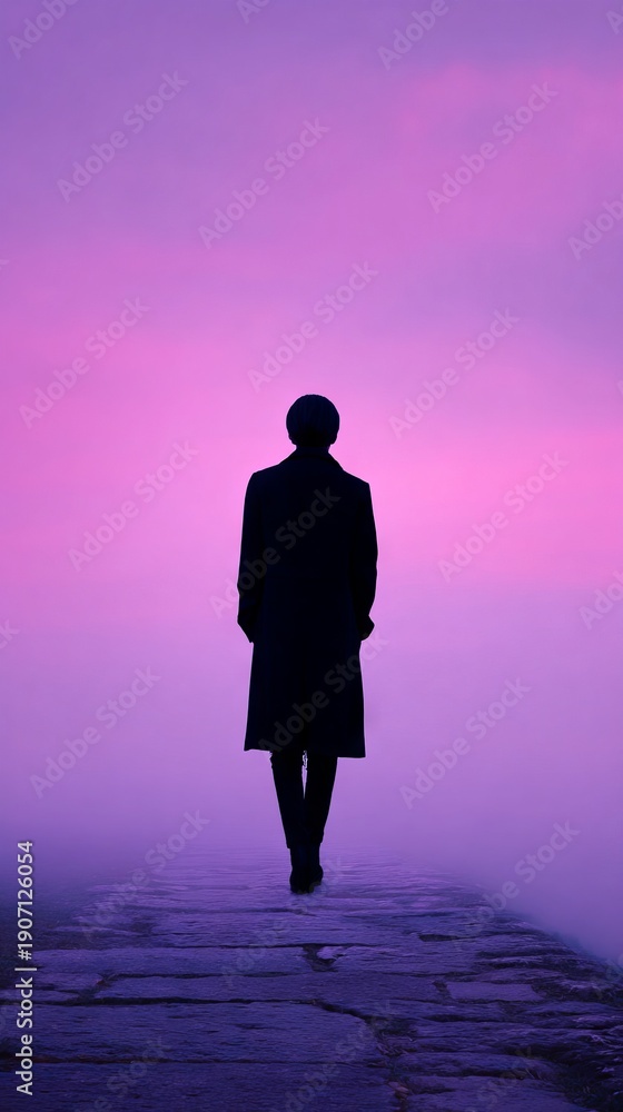Fototapeta premium Woman in dark coat walking along a foggy stone pier at dusk, silhouetted against a vibrant purple and pink sky, creating a serene and contemplative atmosphere