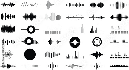 Hand-drawn audio waveform and sound wave icons, amplitude frequency spectrums, circular waveforms, abstract sound shapes, music production visualization illustration concept