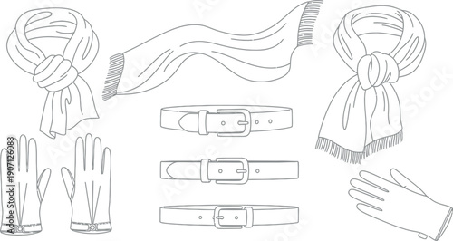 Collection of essential winter accessories including various scarves gloves and different styles of classic leather belts illustrated as a black and white outline drawing set