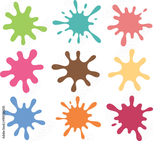 Colorful paint splashes set, abstract liquid ink blot shapes, vibrant splatter elements isolated on white background for creative design