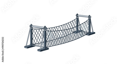 An isometric view of an elevated rope suspension bridge featuring diamond-patterned netting and sturdy support pillars on a white background.